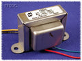 Silver metal transformer with multiple colored wire leads labeled 1750C and specifications on top.
