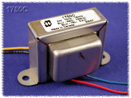 Silver metal transformer with multiple colored wire leads labeled 1750C and specifications on top.