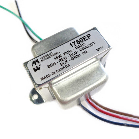 Silver Hammond 1750EP transformer with wires and a label showing specifications including 15W and 8 ohm.