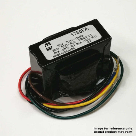 Black Hammond 1750FA transformer with multi-colored wire leads and a white label showing model and specifications.