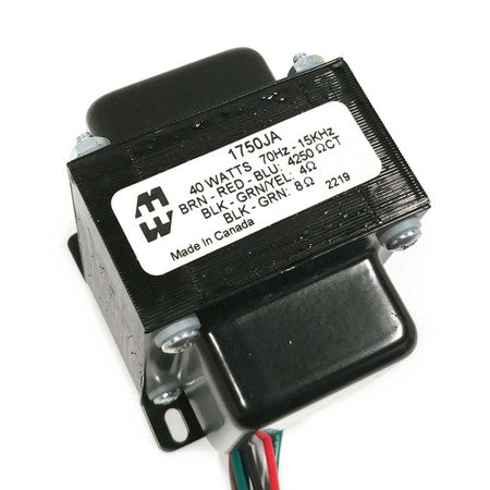 Black metal electrical transformer with label and colored wire leads including brown, red, blue, black, green, and yellow.