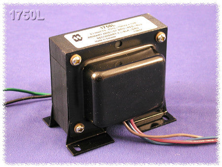 Black rectangular output transformer with colored wires and a white label showing model and specifications.