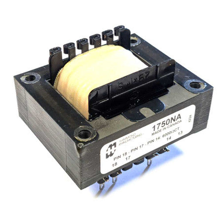 Black and cream output transformer with screw terminals and pins, labeled 1750NA made in Canada.