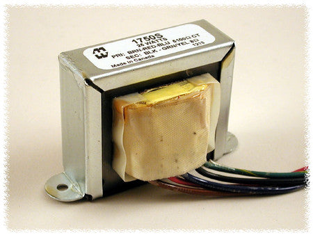 Metal and plastic output transformer with multiple colored wire leads and printed label showing model 1750S and specifications.