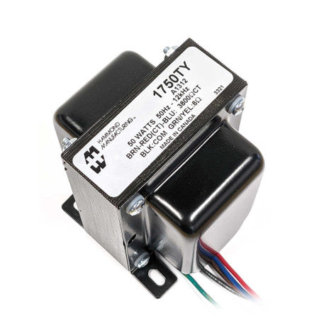 Black Hammond 1750TY output transformer with colored wire leads and a white label showing specifications.
