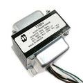 Rectangular audio transformer with multiple colored wires and a label showing specifications and wiring details.