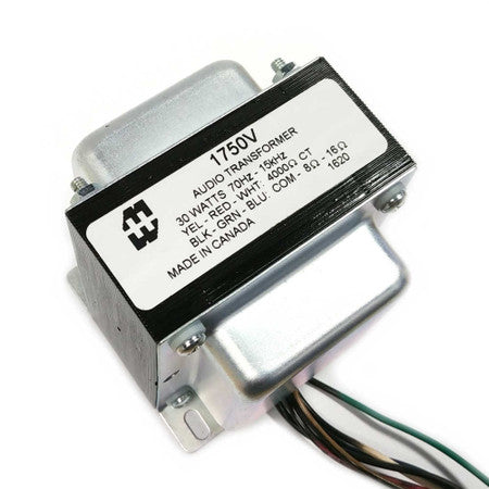 Rectangular audio transformer with multiple colored wires and a label showing specifications and wiring details.
