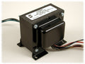 Black Hammond electrical transformer with multiple colored wires and a white label showing model and specifications.