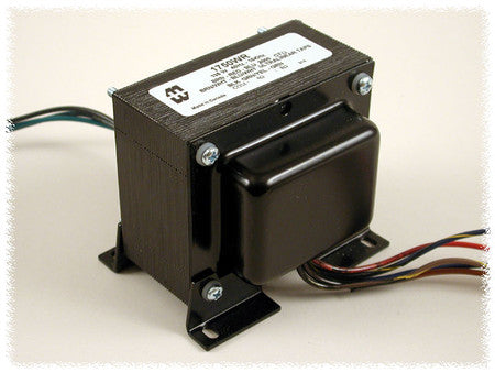 Black Hammond electrical transformer with multiple colored wires and a white label showing model and specifications.