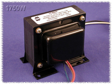 Black Hammond output transformer with multiple colored wire leads and mounting base on purple surface.