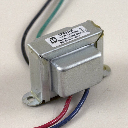 Silver metal transformer with four colored wires and label showing model 1750AX and impedance values.