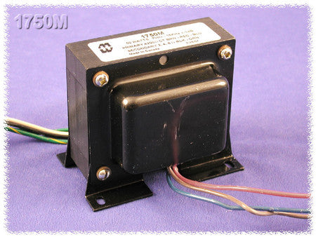 Black rectangular output transformer with four colored wire leads on a purple background.