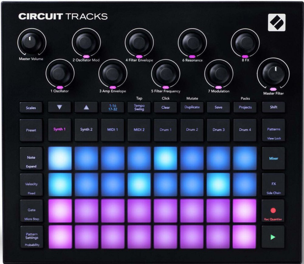 Top view of a Circuit Tracks grid-based music sequencer with knobs, buttons, and illuminated pads in blue and purple.