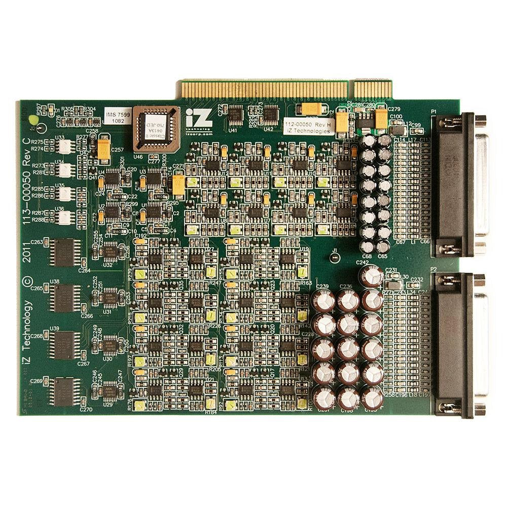 Green printed circuit board with multiple components, edge card connector, and two D-sub connectors.