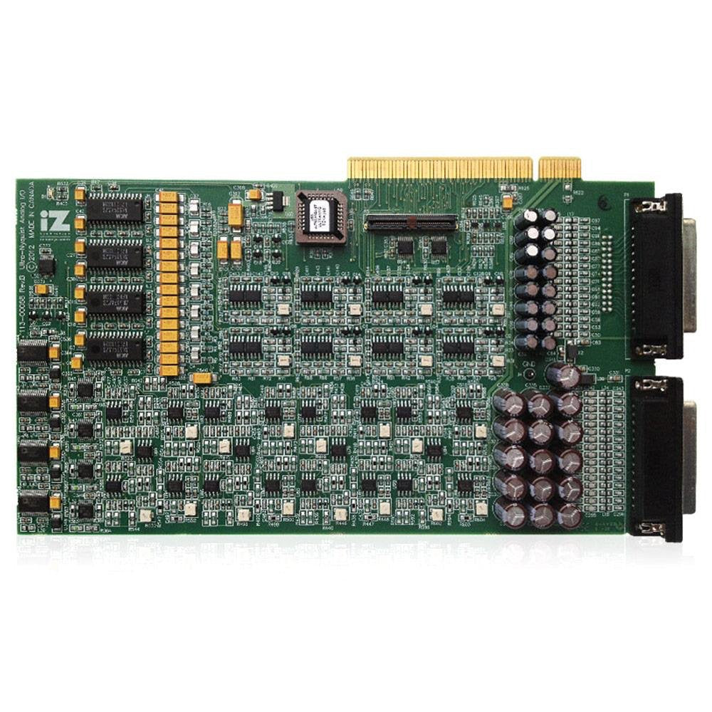 Green printed circuit board with electronic components, capacitors, and two D-sub connectors on the side.