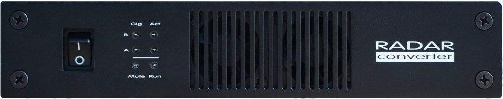 Front panel of a black RADAR converter with a power switch, LED indicators, and ventilation slots.