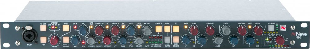 Front view of a Neve 8801 studio preamp with knobs, switches, combo input, and LED meters on a black metal panel.