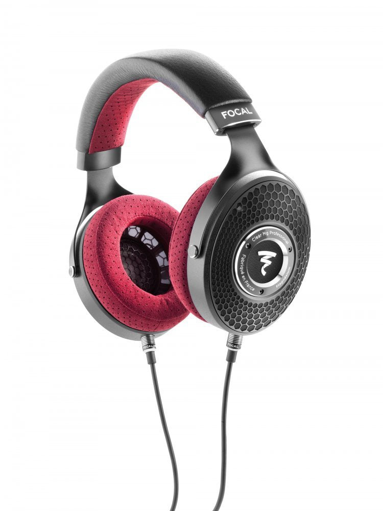 Open-back over-ear headphones with black and red ear pads and wired connectors, branded FOCAL.