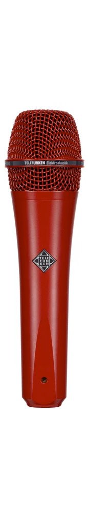 Red handheld microphone with metal mesh grille and TELEFUNKEN logos on grille and body.