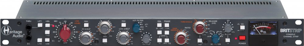 Front panel of Heritage Audio BritStrip analog console channel strip with controls, switches, and VU meter.