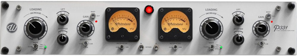 Silver panel audio device with knobs, toggle switches, two analog VU meters, and indicator lights.