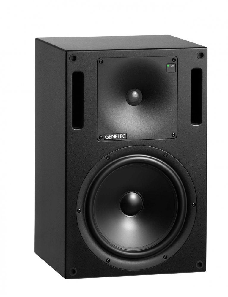 Black studio monitor speaker with Genelec logo and power indicator light on front.