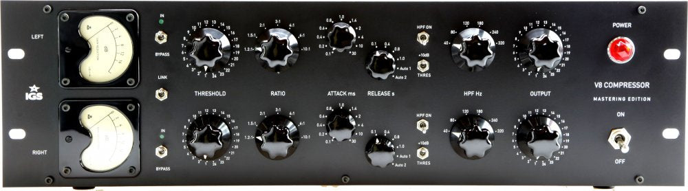 Front panel of an IGS V8 Compressor audio processor with meters, knobs, switches, and power indicator light.