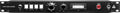 Black rackmount audio interface panel with buttons, knobs, VU meter, power switch, and a 1/4 inch jack input.