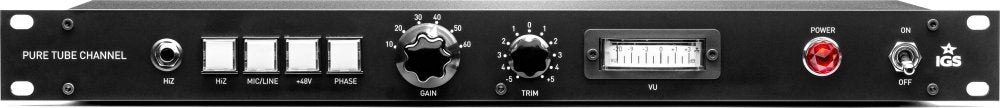 Black rackmount audio interface panel with buttons, knobs, VU meter, power switch, and a 1/4 inch jack input.