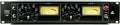 Black audio processor unit with two identical channel sections and VU meters, front panel controls, and connectors.