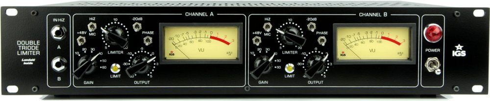 Black audio processor unit with two identical channel sections and VU meters, front panel controls, and connectors.