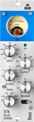 Front panel of a silver and blue audio processor with knobs, toggle switch, and a VU meter display.