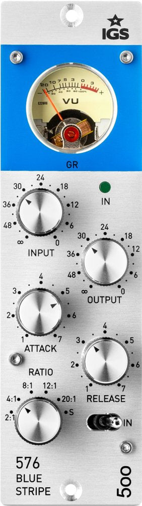 Front panel of a silver and blue audio processor with knobs, toggle switch, and a VU meter display.