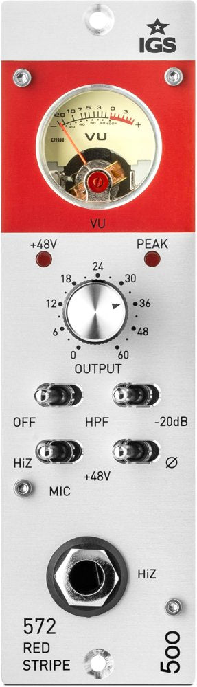 Front panel of an audio preamp showing a VU meter, output knob, toggle switches, and a 1/4 inch input jack.