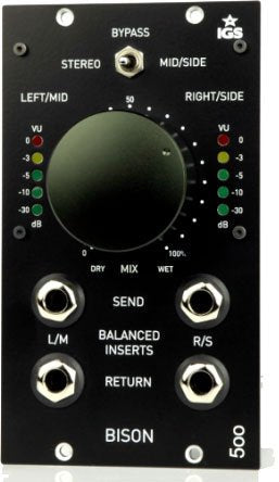 Front panel of a Bison 500 audio processor module with rotary knob, toggle switch, VU meters, and audio jacks.