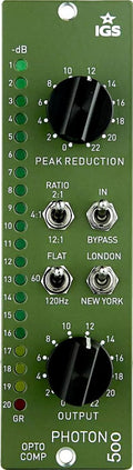 Green audio processor panel with two black knobs, four toggle switches, and LED indicators for peak reduction and output levels.