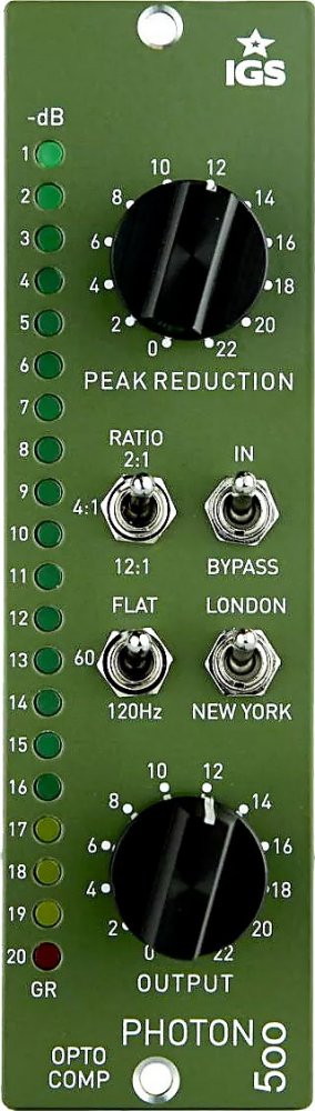 Green audio processor panel with two black knobs, four toggle switches, and LED indicators for peak reduction and output levels.