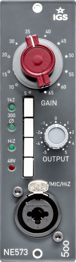 Front panel of an audio preamp with gain and output controls, indicator LEDs, and a combo XLR-1/4 inch input connector.