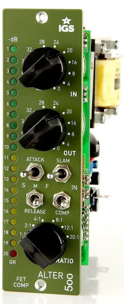 Front view of an IGS ALTER 500 audio processor module with knobs, switches, and LED indicators.