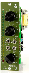 Front view of an IGS ALTER 500 audio processor module with knobs, switches, and LED indicators.