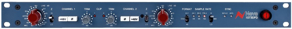 Blue audio rack unit with knobs, switches, and sync controls labeled Neve 1073DPD.