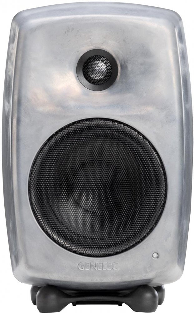 Front view of a silver studio monitor speaker with black grille and GENELEC logo