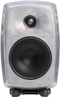 Front view of a silver studio monitor speaker with black grille and GENELEC logo