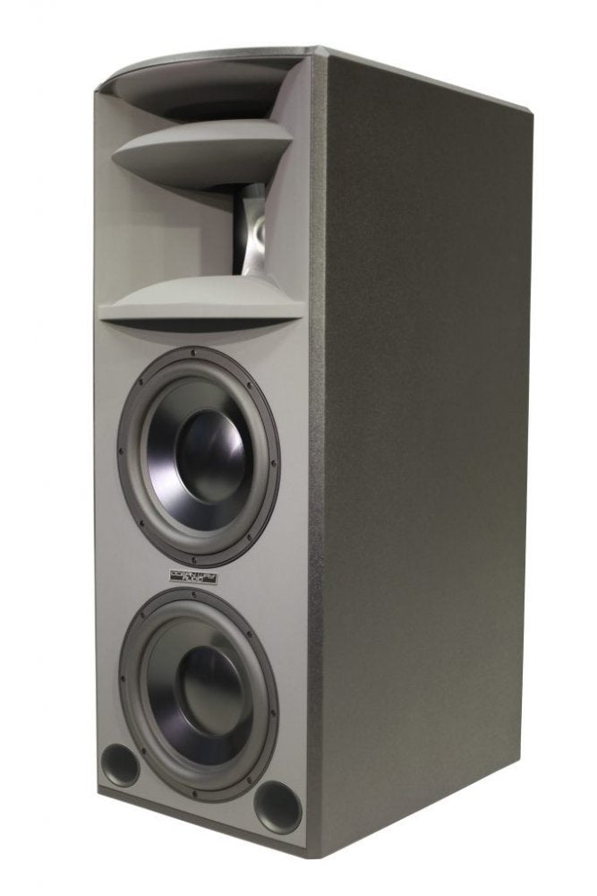 Gray studio monitor speaker with horn-loaded tweeter and two large woofers on front panel.