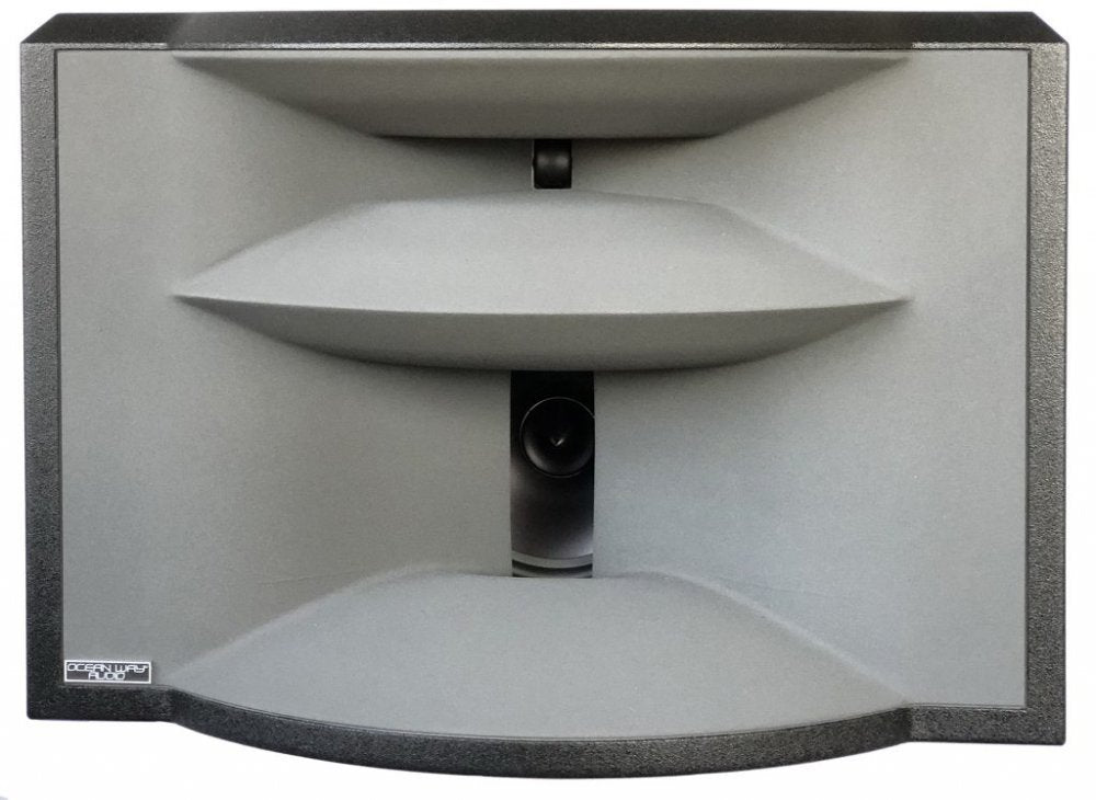 Front view of a grey studio monitor speaker with a central horn design and a small visible driver.