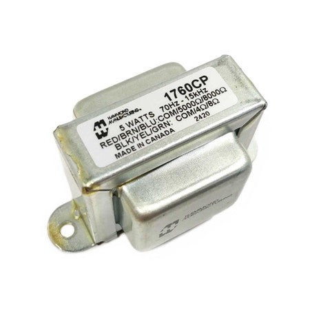 Silver metal transformer labeled Hammond Manufacturing 1760CP with technical specifications visible on top.