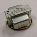 Silver rectangular transformer with multiple color-coded wire leads coiled at base and label showing model 1760J and specifications.