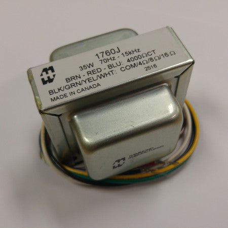 Silver rectangular transformer with multiple color-coded wire leads coiled at base and label showing model 1760J and specifications.