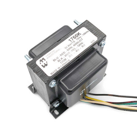 Black Hammond 1760K output transformer with multiple colored wires and a white label with technical text.