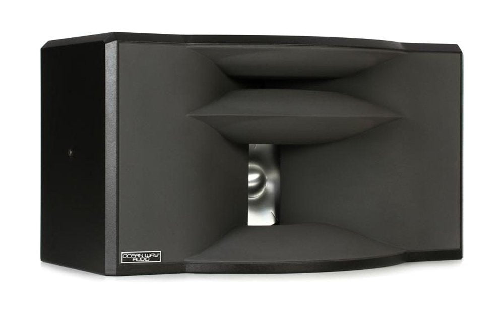 Black speaker horn with a visible silver driver inside and a logo on the front corner.